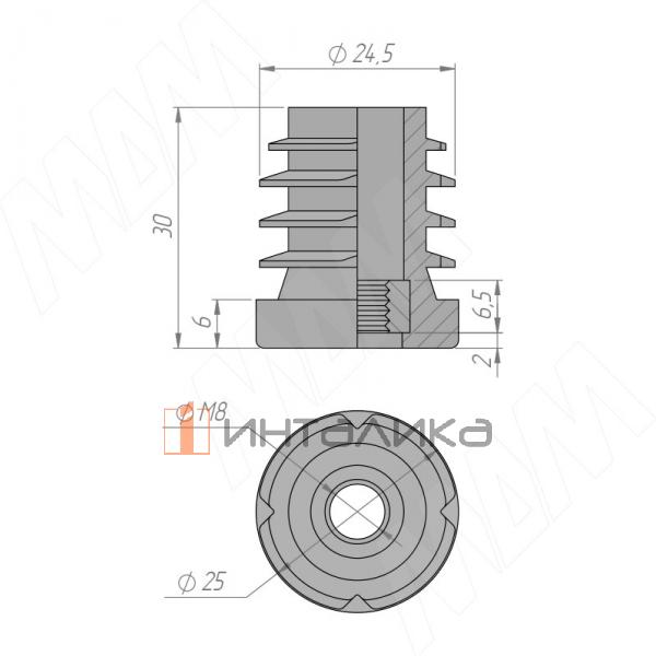 Подпятник для круглой трубы D25 мм, с резьбой М8, черный (HL.R.25.M8.BL) – 3
