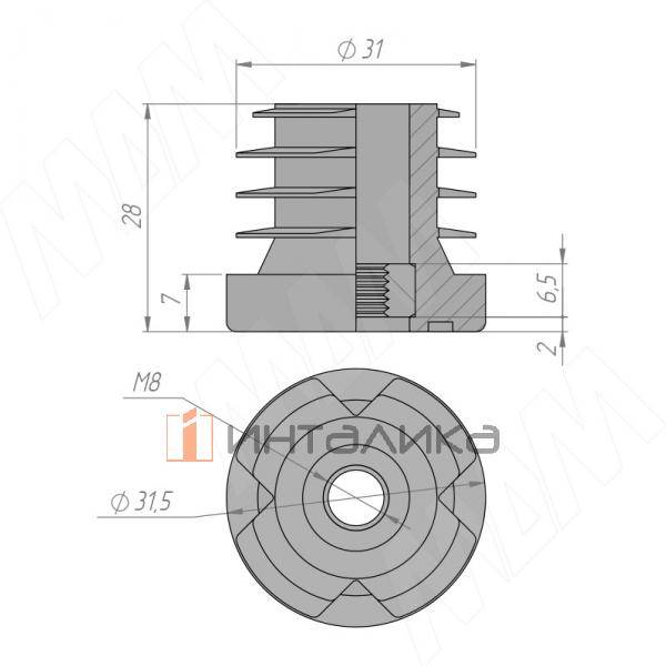 Подпятник для круглой трубы D32 мм, с резьбой М8, черный (HL.R.32.M8.BL) – 3