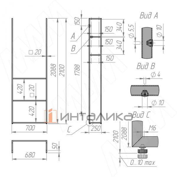 Металлокаркас-стеллаж напольный под стиральную машину 2100х700х250мм черный (RAL9005, муар) (MF.23.2100x700x250.BLC) – 6