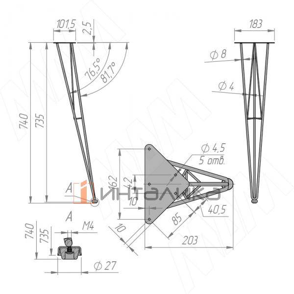 SPOKE опора для стола V-образная, 185х215х740 мм, белый (SPK180x740 WT) – 5