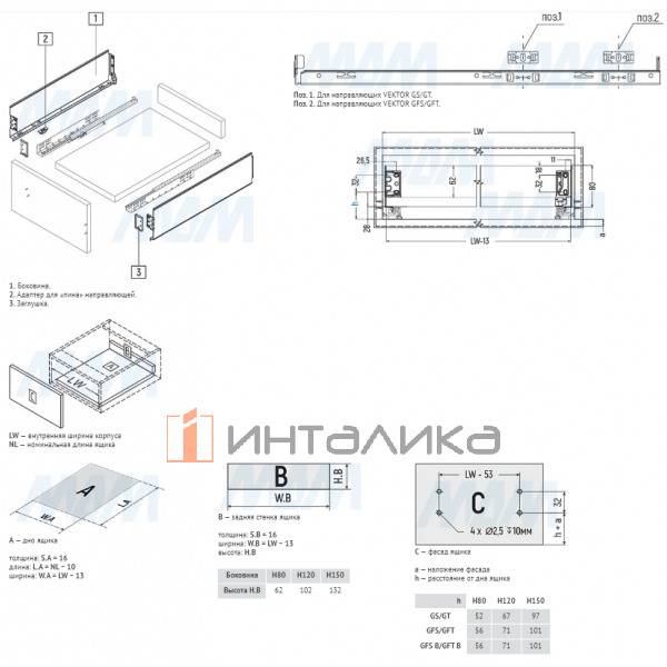 GX Box Комплект боковин ящика H80 мм, 400 мм, темно-серый  – 3