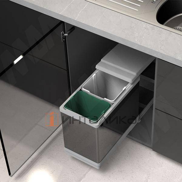 TOWER Система сортировки и хранения, 2 емкости (16л+10л), авт. крышка, нижнее крепление, пластик+алюминий – 6