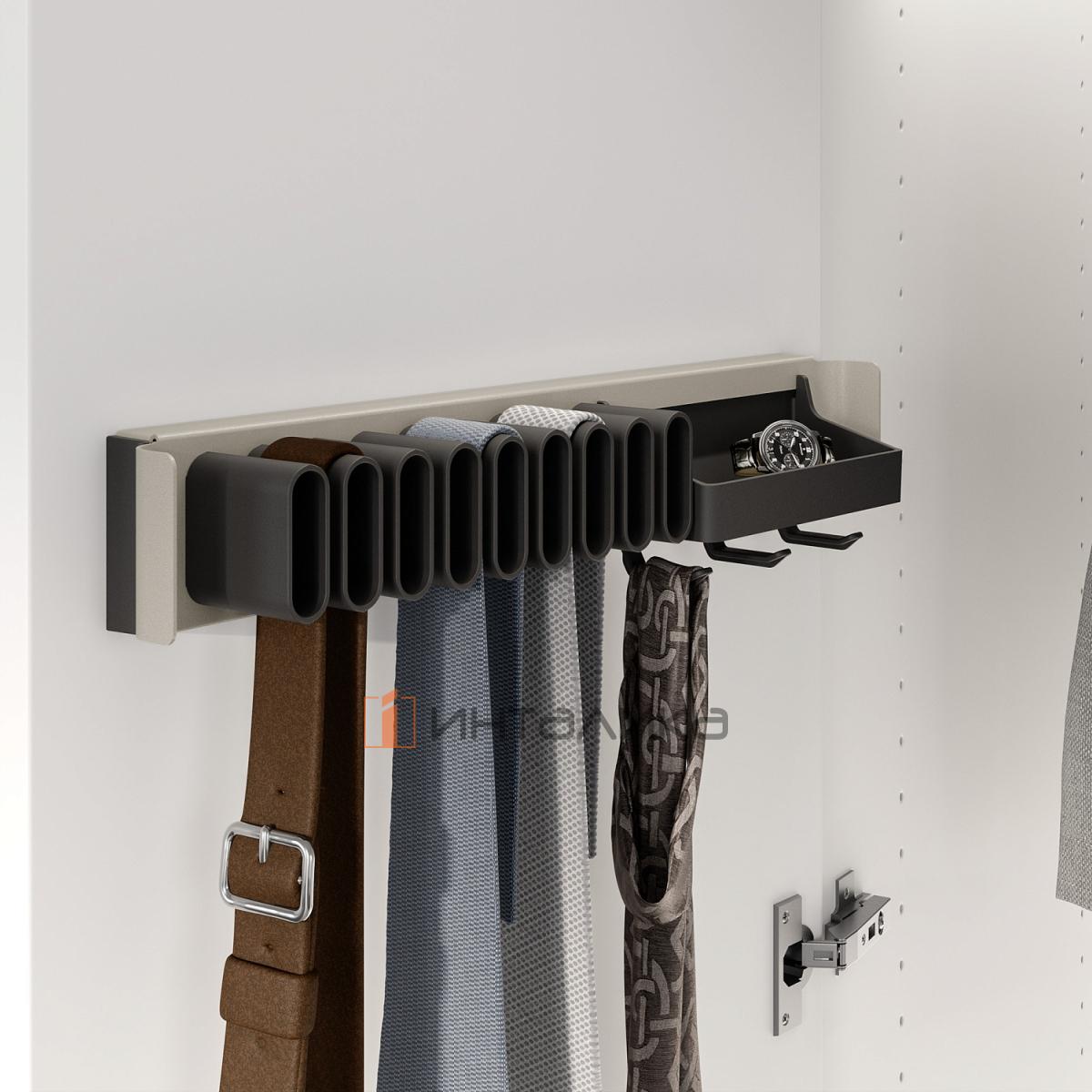 Держатель для галстуков и ремней с полочкой фасадный 320, КЕССЕБЁМЕР / KESSEBOHMER Конеро, D 345, шампань