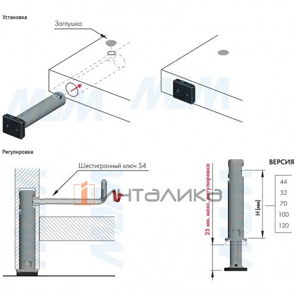 REKORD TECH Опора регулируемая, D12 мм, высота отверстия 44 мм, с прямоугольной ножкой – 3