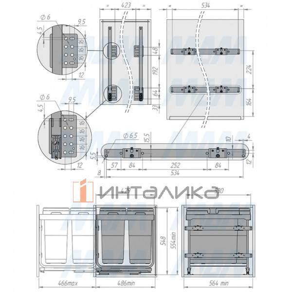 KOMBI 2.0 M60W Система сортировки и хранения, 2 емкости (47л+47л), креп. фасада, полн.выдв., плавн.з – 11