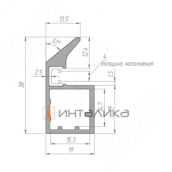 SECRET Профиль рамочный узкий, с наклонной ручкой, серебро, L-2700 – 2