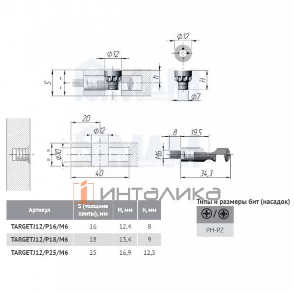 TARGET Стяжка винтовая J12 метрическая резьба М6, для плиты 25мм – 5