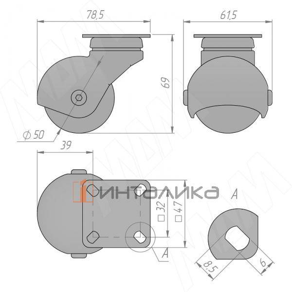 ORLANDO Опора колесная, прорезиненное колесо, D50 мм, без стопора, бронза – 2