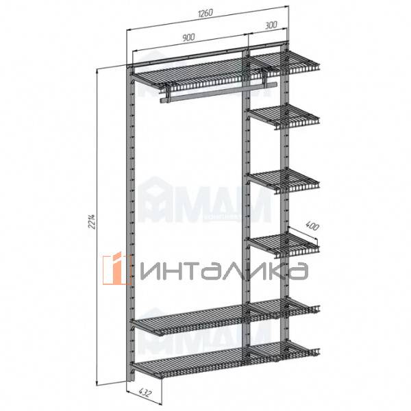 Home Space, прихожая ширина 1260мм, глубина 432 мм, 2 проема по 900 и 300 мм – 2