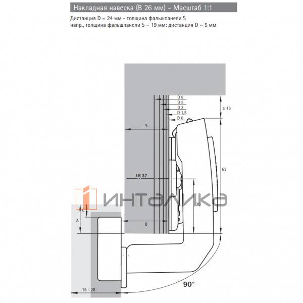Петля HETTICH Sensys 8639i W90 (B26) 95°, ТФ 15-28, накладная, с доводчиком TH53 Ø35, никель – 3