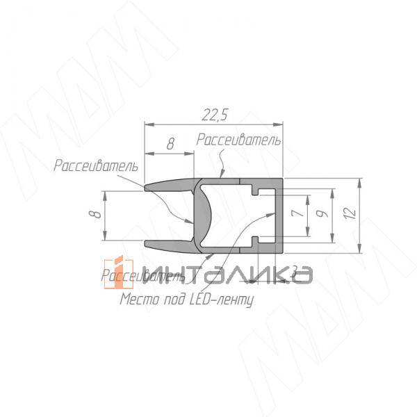 Профиль GL1 для торцевой подсветки стеклянной полки 4-8 мм, накладной, белый матовый, 23х12мм, L2000 – 7