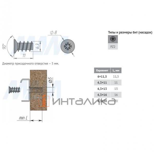 Евровинт с потайной головкой, 6.3 X 11.0 – 2