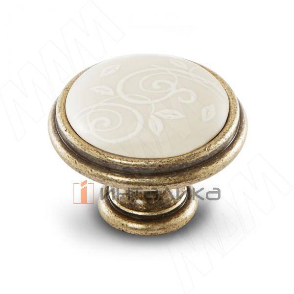 Ручка-кнопка D35мм бронза состаренная/керамика белые узоры – 1
