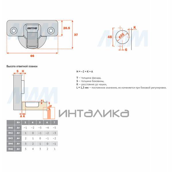 Петля с амортизатором вкладная (90/94), для плиты 19-35 мм, стандартная – 2
