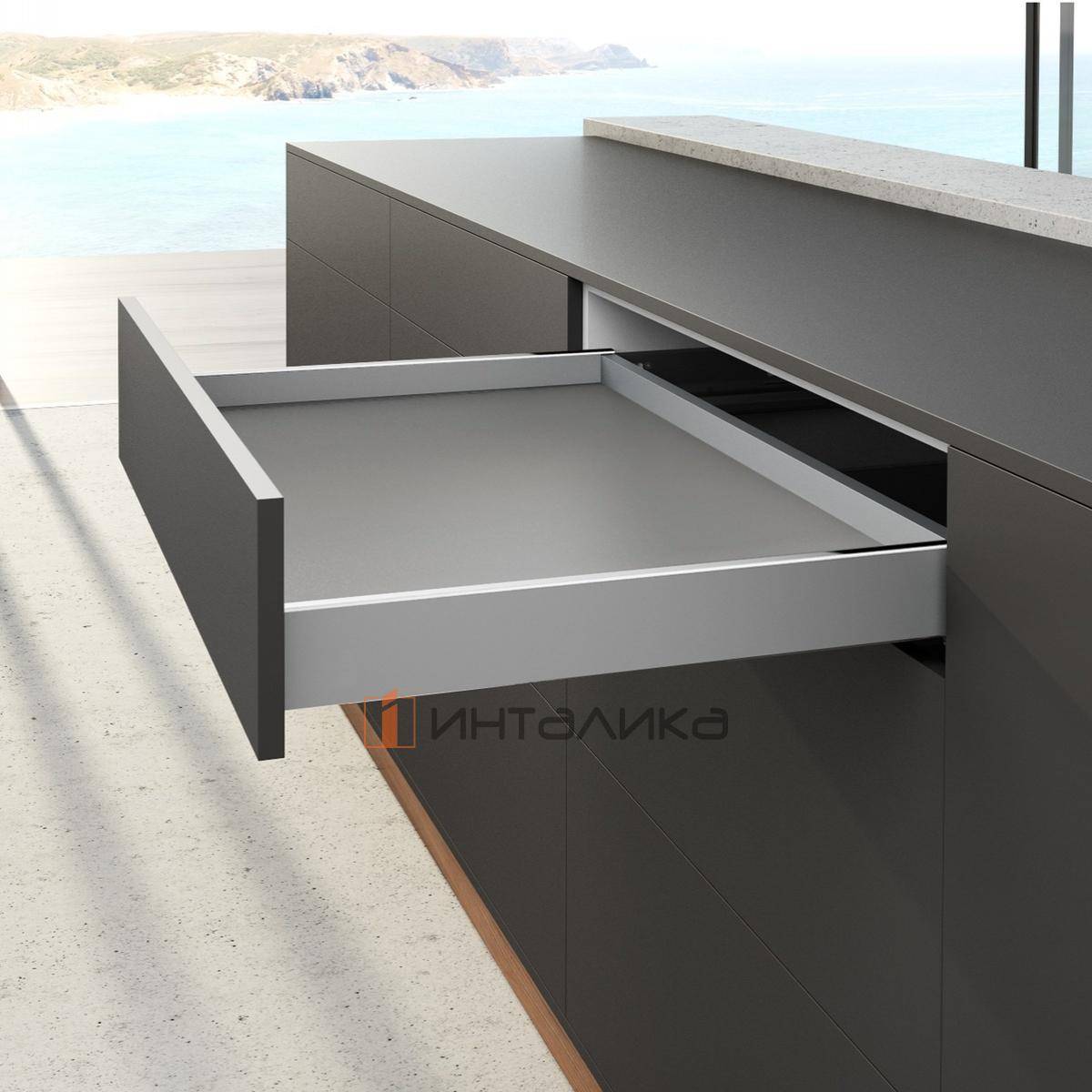 Фасадный ящик под духовой шкаф HETTICH AvanTech You Quadro M Push to Open Silent полного выдвижения, H77, NL550, G30, снаряжённый вес ящика 10-30 кг, серебристый