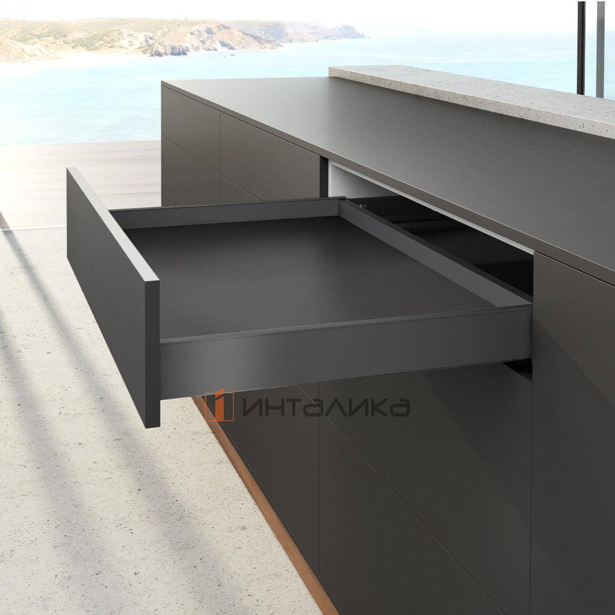 Фасадный ящик под духовой шкаф HETTICH AvanTech You Actro L Push to Open Silent полного выдвижения, H77, NL400, G40, снаряжённый вес ящика 8-20 кг, антрацит