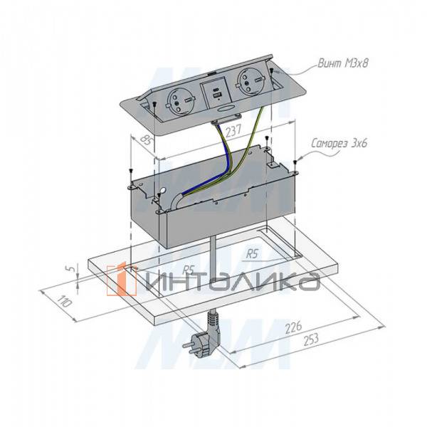 Выдвижной блок розеток, 265*118 мм, 2 розетки, 1 USB type-A, 1 USB type-C, серебро – 4