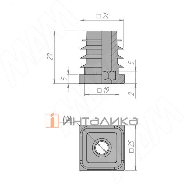Подпятник для квадратной трубы 25x25 мм, с резьбой М8, черный – 5