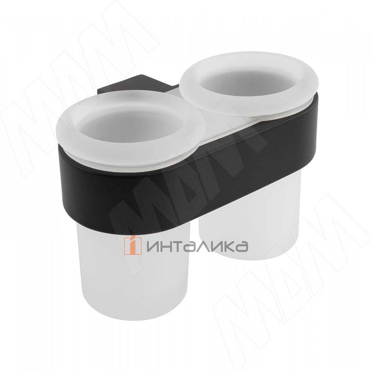 TOP Держатель настенный двойной с двумя стаканами для зубных щеток, черный матовый, стекло матовое