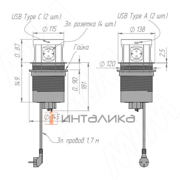 Выдвижной блок розеток, d=122 мм, 4 розетки, 2 USB, 2 USB Type-C, быстрая зарядка, беспроводная зарядка, черный – 4