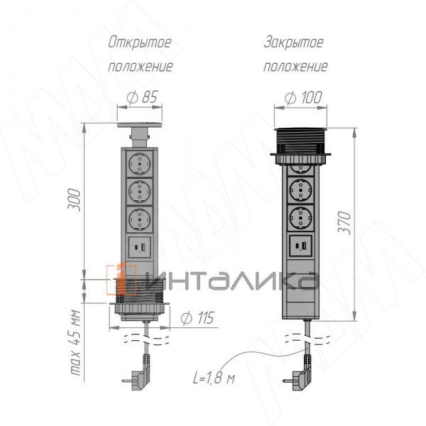 Выдвижной блок розеток, d=90 мм, 3 розетки, 1 USB, 1 USB Type-C, черный – 3