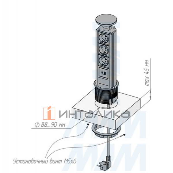 Выдвижной блок розеток, d=90 мм, 3 розетки, 1 USB, 1 USB Type-C, быстрая зарядка, серебро – 5
