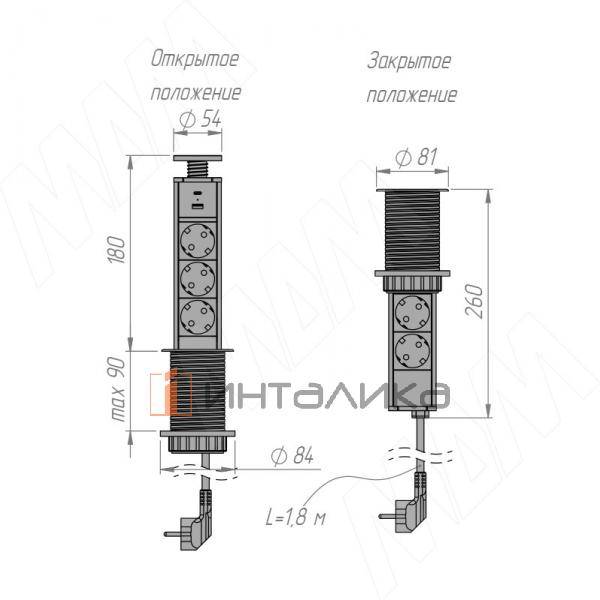Выдвижной блок розеток, d=60 мм, 3 розетки, 1 USB, 1 USB Type-C, быстрая зарядка, серебро – 3