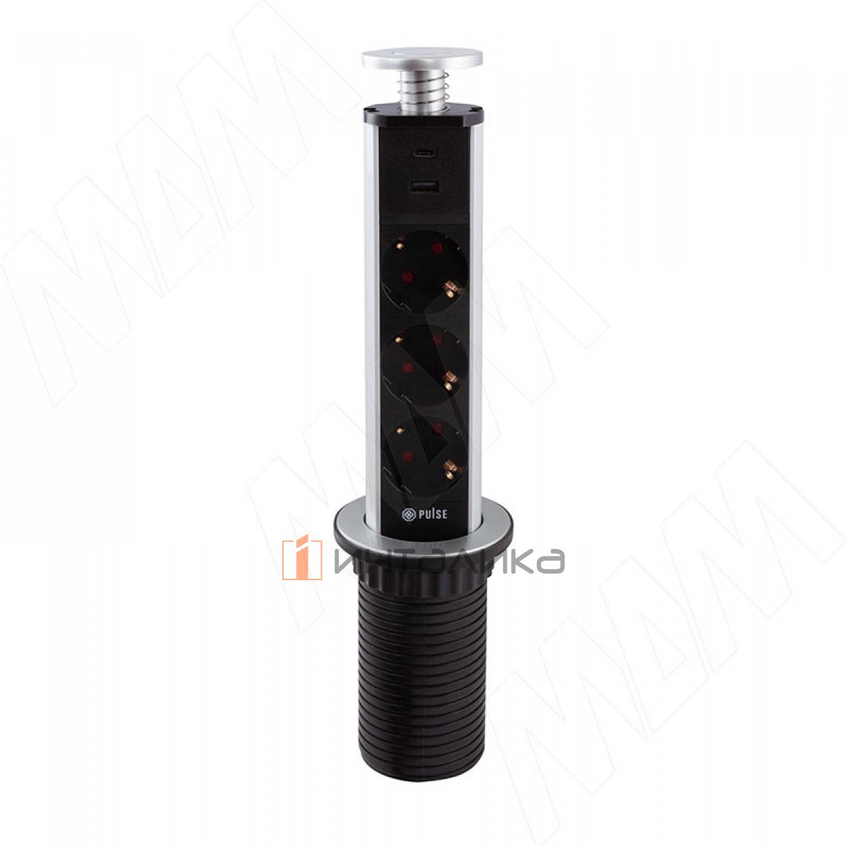 Выдвижной блок розеток, d=60 мм, 3 розетки, 1 USB, 1 USB Type-C, быстрая зарядка, серебро