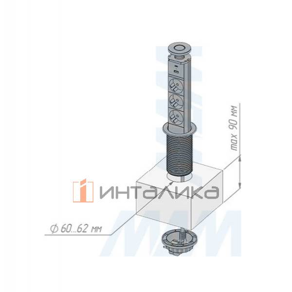 Выдвижной блок розеток, d=60 мм, 3 розетки, 1 USB, 1 USB Type-C, быстрая зарядка, черный – 4