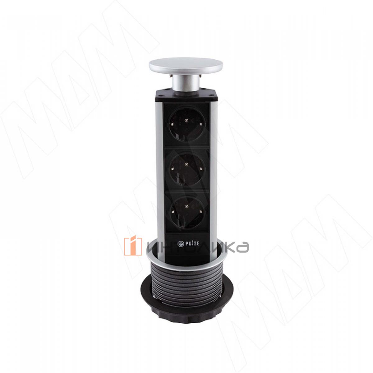 Выдвижной блок розеток, d=90 мм, 3 розетки, серебро