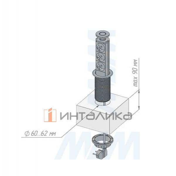 Выдвижной блок розеток, d=60 мм, 3 розетки, черный – 4