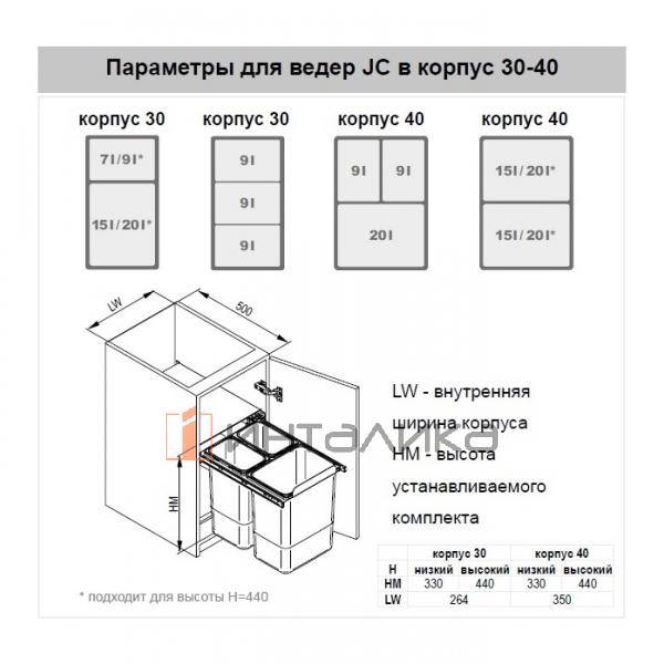 Выдвижная система мусорных ведер Rejs JC603 в корпус 300, H440, ведра 1х9 л и 1х20 л, серый – 4