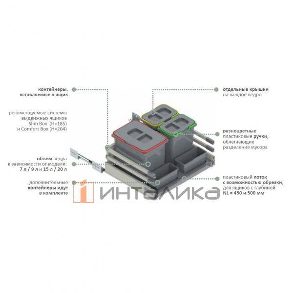 Система мусорных ведер Rejs Praktiko в корпус 900, H300, ведра 3х15 л, серый – 2
