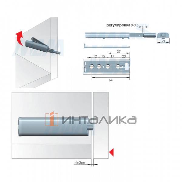 Комплект металлический толкатель Push-to-Open 40 мм накладной с демпфером и линейным крепежом – 2