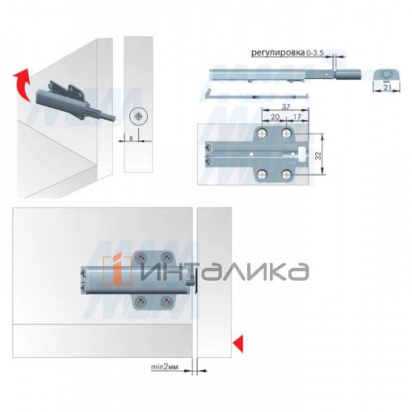 Комплект металлический толкатель Push-to-Open 40 мм накладной с магнитом, крестовым крепежом и ответными планками – 2