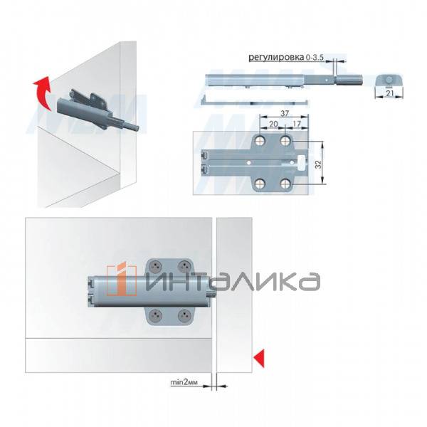 Комплект металлический толкатель Push-to-Open 40 мм накладной с демпфером и крестовым крепежом – 2