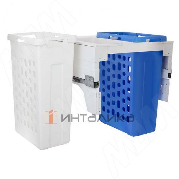Выдвижная корзина для белья HAMPER LM60, полное выдвижение, плавное закрывание, 2 емкости (35л+35л), белый/синий – 3