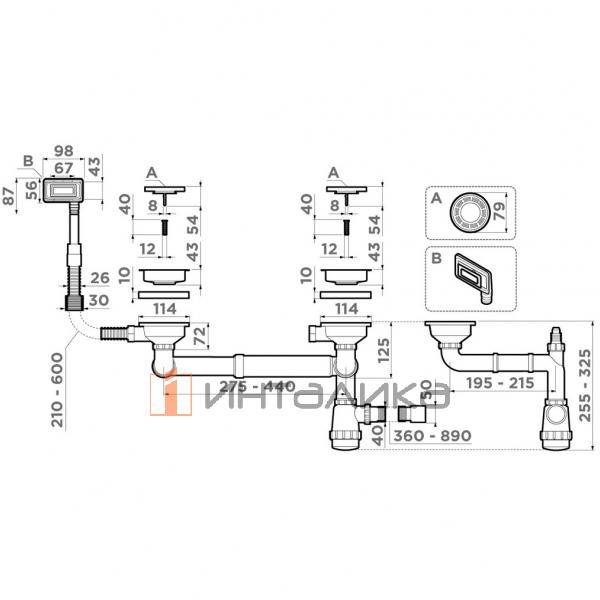 Арматура для полуторачашевых кухонных моек Omoikiri WK-1.5-UN с прямоугольным переливом, нержавеющая сталь – 2