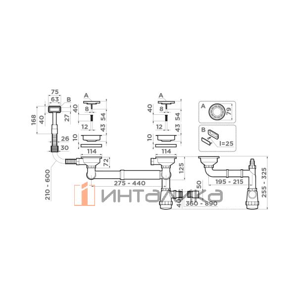 Арматура для полуторачашевых кухонных моек Omoikiri WK-1.5 с прямоугольным переливом, нержавеющая сталь – 2