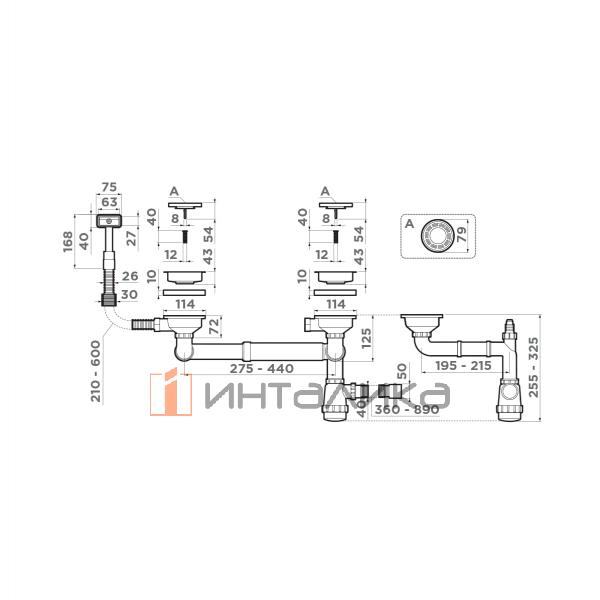 Арматура для полуторачашевых кухонных моек Omoikiri WK-1.5-S со скрытым прямоугольным переливом, нержавеющая сталь – 2