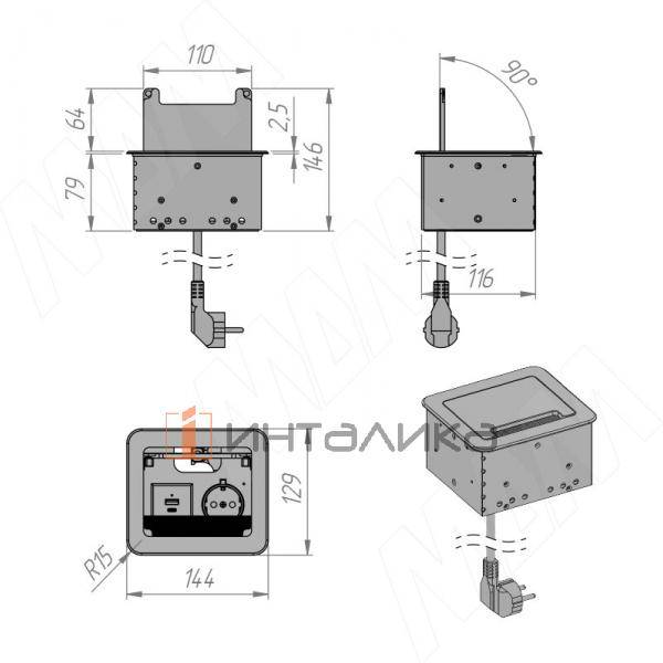 Блок розеток с откидной крышкой, 144*129 мм, 1 розетка, 1 USB, 1 USB Type-C, быстрая зарядка, серебро – 5