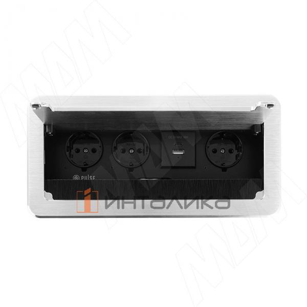 Блок розеток с откидной крышкой, 265*129 мм, 3 розетки, 1 USB, 1 USB Type-C, быстрая зарядка, серебро – 3