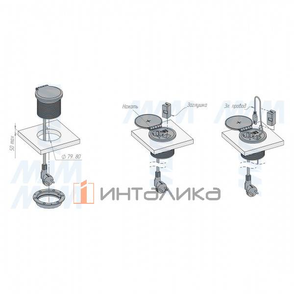 Блок розеток с откидной крышкой,  d=105 мм, 1 розетка, 1 USB, 1 USB Type-C,  быстрая зарядка, беспроводная зарядка, черный – 4