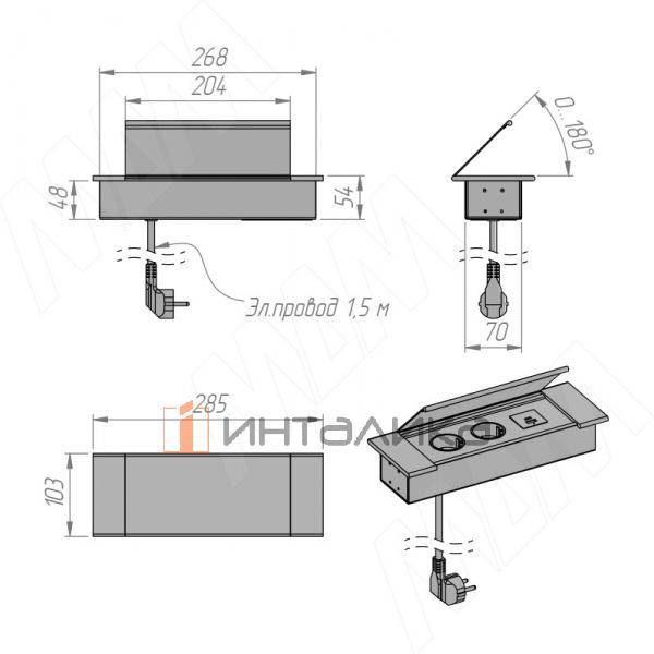 Блок розеток с откидной крышкой, 285*103 мм, 2 розетки, 1 USB, 1 USB Type-C, быстрая зарядка, серебро – 5