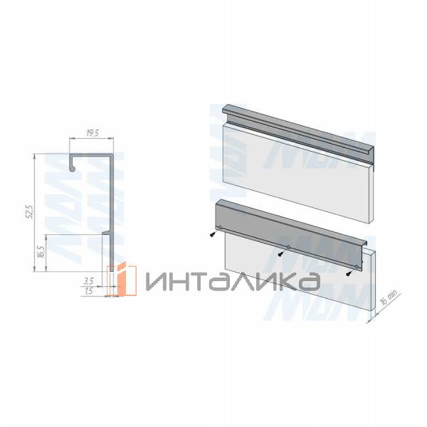 Профиль-ручка крепление саморезами для фасада от 16мм,  золото матовое (анод), L-3000мм – 2