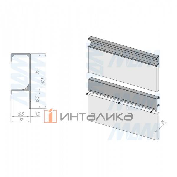 Профиль-ручка крепление саморезами для фасада 16мм,  золото матовое (анод), L-3000мм – 2
