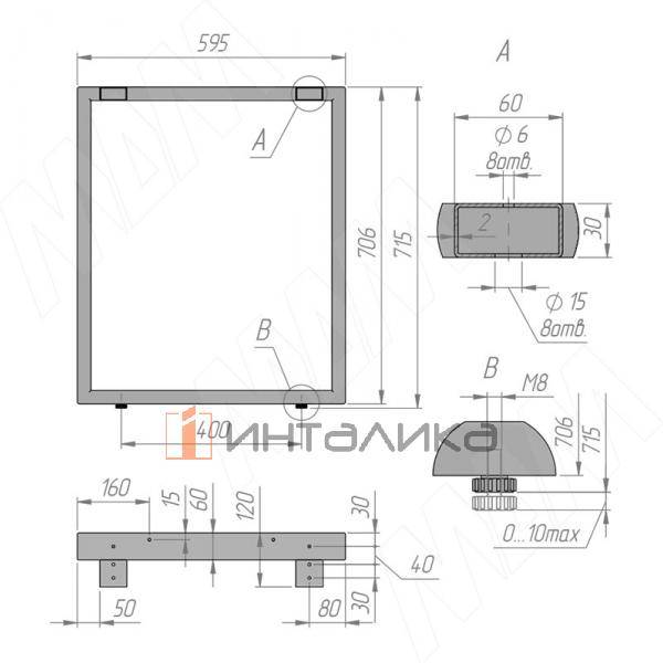 Пилар опора для стола П-образная, 60х30, H715+10 мм, серый металлик, 1шт. – 3