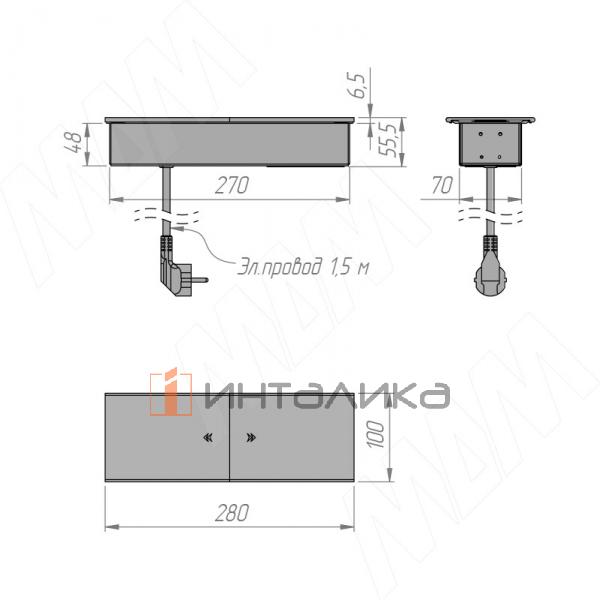Блок розеток с раздвижными крышками, 180х72 мм, 3 розетки, 1 USB, 1 USB Type-C, быстрая зарядка, серебро – 4