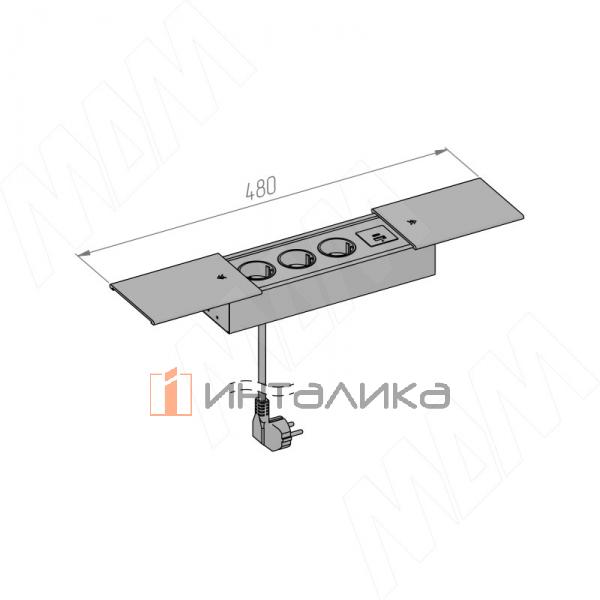 Блок розеток с раздвижными крышками, 180х72 мм, 3 розетки, 1 USB, 1 USB Type-C, быстрая зарядка, серебро – 5