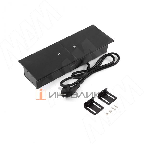 Блок розеток с раздвижными крышками, 180х72 мм, 3 розетки, 1 USB, 1 USB Type-C, быстрая зарядка, черный – 2